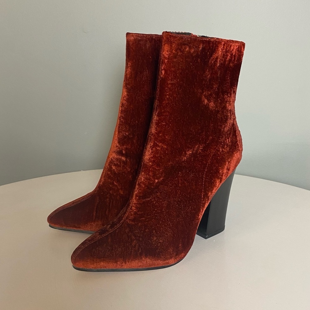 Velvet Block Heel Ankle Boots - Rust